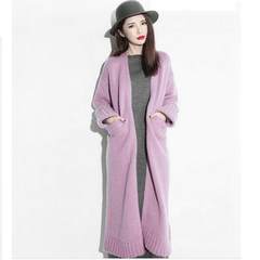 Mao Xiannv long thick sweater cardigan wool sweater knee thickening in the long section of loose coat S Taro powder