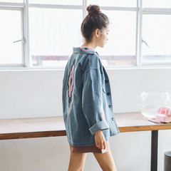 The spring and autumn wind in the long section of Korean college students all-match BF loose solid color shirt Embroidered Denim Jacket Women M (95-105 Jin) blue