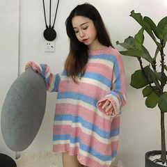 Korean winter women's sweet color stripe loose in the long sleeved knit sweater coat sleeve head student F Pink