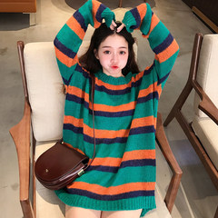 Korean winter women's sweet color stripe loose in the long sleeved knit sweater coat sleeve head student F green