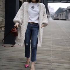 The 2017 New South Korean exports in the long thick Lantern Sleeve Sweater Cardigan coat female tide F Beige