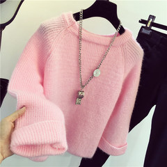 New winter sweater female students head sweater loose solid shirt Korean female coat thickening F Pink new big sleeves