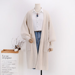 Korean Lantern Sleeve lazy twist lines long cardigan sweater coat female caramel color cream thick sweater F Beige
