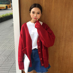 Autumn and winter 2017 new Korean embroidered retro V collar cardigan sweater loose long sleeved sweater coat female students F gules