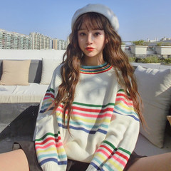 Autumn ladies college Korean wind loose Rainbow Striped long sleeved sweater sweater coat sleeve head all-match students F white