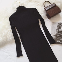 The new winter semi solid slim long sleeve sleeved turtleneck sweater dress head dress bedding bag hip skirt female F black
