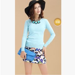 New female thin Pullover short neck sweater lady wool sweater size long sleeved shirt M (round neck) Sky blue