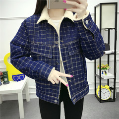 Lamb wool denim jacket winter 2017 Korea new long sleeved with cashmere coat loose all-match female students L (recommended 105~120 Jin) Blue Plaid