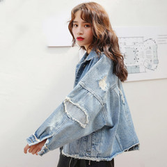 Harajuku Fengpo hole denim jacket and 2017 new Korean female students all-match short thin section of loose BF S blue