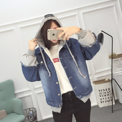 2017 new female Korean denim jacket spring loose all-match hole hooded cloth coat BF Harajuku wind tide S Winter cotton with dark blue and cotton