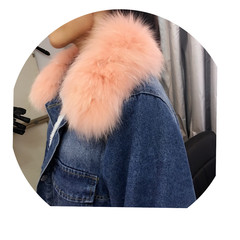 With cashmere denim jacket winter female Korean BF students all-match loose fur collar cotton wool coat with thick lamb F Blue coat pink, genuine hair collar removable