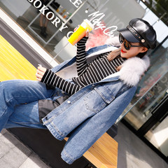 With cashmere denim jacket winter female Korean BF students all-match loose fur collar cotton wool coat with thick lamb F blue