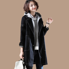 Plain wood cap false two black denim jacket female winter loose in the long section of the Korean version of the BF code casual coat 3XL black
