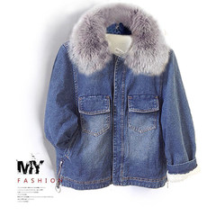 Jeans blouse loose and fluffy, thickening winter and winter hair collar 2017, new Korean version BF long sleeve blouse, lamb hair XS The color of the image (a real hair)