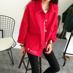 2017 autumn new style embroidery short red jeans coat, female spring and autumn students Korean version BF loose college agitation S gules