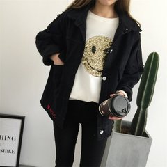 2017 autumn new style embroidery short red jeans coat, female spring and autumn students Korean version BF loose college agitation S black
