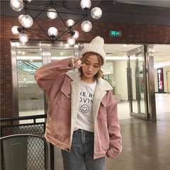 Warm cowboy coat jacket girls long 2017 new autumn and winter with thick lamb wool cashmere loose. L 365 Pink