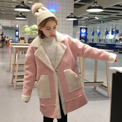 Warm cowboy coat jacket girls long 2017 new autumn and winter with thick lamb wool cashmere loose. L 876 Pink