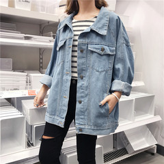 The fall of 2017 women's new Korean fan chic loose thin all-match POLO collar size jeans jacket student S Wathet