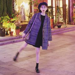 New Korean retro Plaid wool tweed coat female loose thickening in the long woolen coat maxmara S Cotton clip