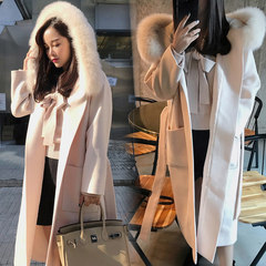 Cashmere woolen coat, long 2017 Korean autumn and winter thick fur collar wool coat knee high S Black [upgrade clip cotton thickening]