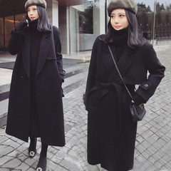 The Korean version of 2017 new winter girl in the long thick wool tweed coat female slim lace knee woolen coat S Black (with cotton thickening)