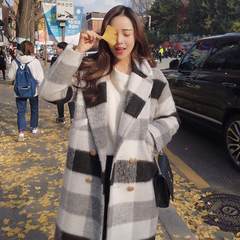 Wool coat, long. 2017 new autumn and winter students thickened chequered woolen coat tide XS Color plus cotton