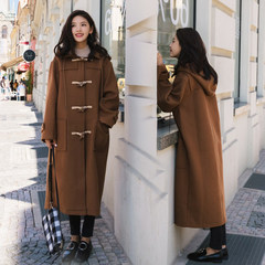 Horn button female all-match woolen coat in the long section of the New South Korean students 2017 hooded autumn winter wool coat XS Caramel color
