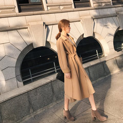 2017 new autumn and winter in the long section of Korean small double knee camel wool coat female woolen coat S Beige