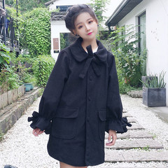 Autumn and winter women's Day soft sister long hair coat, tide ulzzang trumpet sleeve loose student coat woman F Black (cotton)