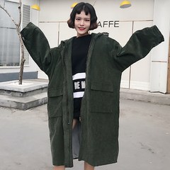 The spring and autumn wind BF Korean ulzzang Harajuku hooded corduroy thickened in the long coat female students tide F green