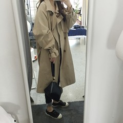 Han Guoqiu installed in the long section of all-match waist TIE LAPEL loose solid thin double breasted long sleeved jacket S Khaki