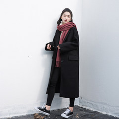 South Korean girls long woolen coat loose cocoon black wool 2017 new winter coat. XS black