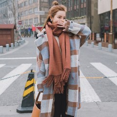 In the long section of South Korean woolen coat 2017 female new autumn and winter loose Plaid wool tweed coat tide thickened knee S Color plus cotton