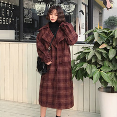 Korean winter women's British style loose long Plaid Wool Coat woolen Coats' knee F Wine red (cotton clip)