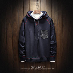 The wind of autumn and winter Harajuku male hooded sweater cashmere Hoodie Size with thick loose couple tide brand boys sports coat 3XL Navy blue W17136