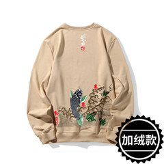 The autumn winter new tide brand Japanese T-shirt sweater China wind men without cap and loose turtleneck XL thick velvet 3XL Carp with khaki cashmere paragraph