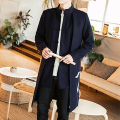 Men's collar wool coat in a long woolen coat in autumn and winter coat embroidered China Mens Youth Wind tide 3XL Double crane dance (green A32)