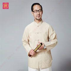 中国风老粗布男式唐装长袖棉麻中式男装外套打底衫居士服上衣衬衣 195 米黄色