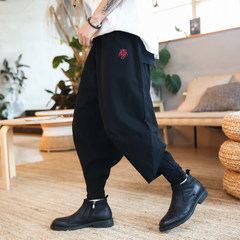 Autumn national linen pants, Chinese Style Men's clothing, fat, bigger code tide, fat casual pants, loose embroidered pants 3XL K03 black