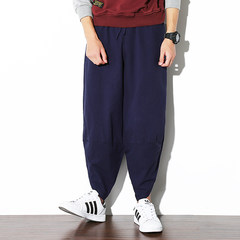Chinese style linen pants in autumn and winter, men's loose, low crotch, cross pants tide, Haren radish pants, men's long pants L Tibet Navy