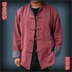 Tang Chinese wind male male middle-aged Chinese flax long sleeved jacket casual suit jacket dad loose autumn XL/180 Black + wine red