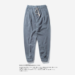 MRLIN original Mens winter wind Chinese Haren pants men linen trousers with thick loose cotton velvet pants feet 3XL Blue gray