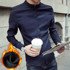 The fall of the new China wind collar shirt male Korean youth stretch tight shirt slim male shirt tide 3XL Velvet blue