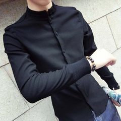 The fall of the new China wind collar shirt male Korean youth stretch tight shirt slim male shirt tide 3XL black