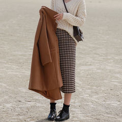Long bag hip skirt retro split step skirt sleepy rabbit chic plaid skirt female wool in winter XS Coffee Plaid