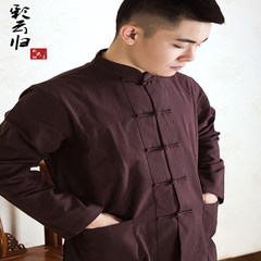 Cotton shirt costume Hanfu Taiji Mens Long Sleeve lay clothes Chinese collar shirt Chinese wind One hundred and sixty-five Coffee