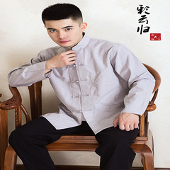 Cotton shirt costume Hanfu Taiji Mens Long Sleeve lay clothes Chinese collar shirt Chinese wind One hundred and sixty-five Light grey