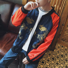 Autumn dress handsome student, XL fat Chinese wind dragon embroidered jacket, men jacket, youth baseball costume trend M Dark blue with red
