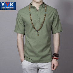 Chinese wind Linen Shirt male long sleeved casual loose cotton shirts, men's shirt collar clothes retro style 3XL Army green short sleeve